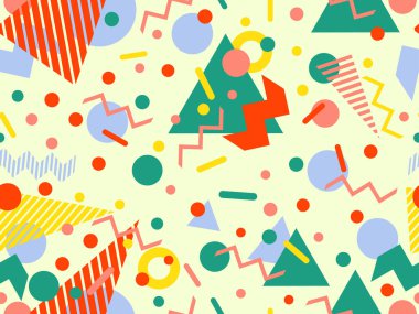 80 'ler ve 90' lar tarzında geometrik şekilli kusursuz Memphis deseni. Farklı şekil ve renklerin geometrik şekilleri. Promosyon ürünleri tasarımı, ambalaj kağıdı ve baskı. Vektör illüstrasyonu