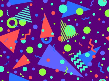 80 'ler ve 90' lar tarzında geometrik şekilli kusursuz Memphis deseni. Farklı şekil ve renklerin geometrik şekilleri. Promosyon ürünleri tasarımı, ambalaj kağıdı ve baskı. Vektör illüstrasyonu