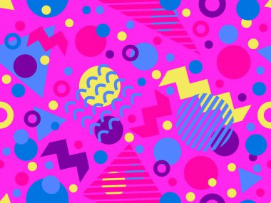 80 'ler ve 90' lar tarzında geometrik şekilli kusursuz Memphis deseni. Farklı şekil ve renklerin geometrik şekilleri. Promosyon ürünleri tasarımı, ambalaj kağıdı ve baskı. Vektör illüstrasyonu