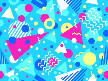 Memphis tarzında geometrik şekilli 80 'lerin kusursuz deseni. Daireler ve üçgenler. Promosyon ürünleri, afişler ve ambalaj kağıtları için renkli soyut bir arkaplan. Vektör illüstrasyonu