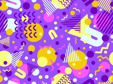 Memphis tarzında geometrik şekilli 80 'lerin kusursuz deseni. Daireler ve üçgenler. Promosyon ürünleri, afişler ve ambalaj kağıtları için renkli soyut bir arkaplan. Vektör illüstrasyonu