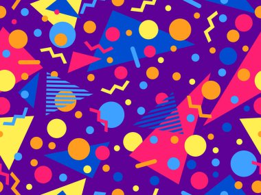 Memphis tarzında geometrik şekilli 80 'lerin kusursuz deseni. Daireler ve üçgenler. Promosyon ürünleri, afişler ve ambalaj kağıtları için renkli soyut bir arkaplan. Vektör illüstrasyonu