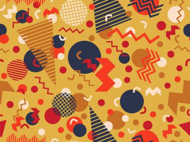 80 'lerin tarzında Memphis elementleriyle geometrik kusursuz desen. Renkli geometrik desen. Promosyon ürünleri tasarımı, ambalaj kağıdı ve baskı. Vektör illüstrasyonu