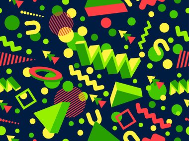 80 'lerin tarzında 3 boyutlu geometrik kusursuz desen. Üç boyutlu izometrik üçgenler, zikzaklar ve daireler. Geometrik memphis tarzı. Promosyon ürünleri, ambalaj kağıdı ve baskı için tasarım. Vektör illüstrasyonu