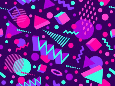 Memphis seamless pattern with 3d geometric shapes in 80s style. Colorful geometric pattern. Design of promotional products, wrapping paper and printing. Vector illustration