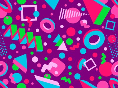 Memphis seamless pattern with 3d geometric shapes in 80s style. Colorful geometric pattern. Design of promotional products, wrapping paper and printing. Vector illustration