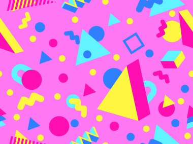 Memphis seamless pattern with 3d geometric shapes in 80s style. Colorful geometric pattern. Design of promotional products, wrapping paper and printing. Vector illustration