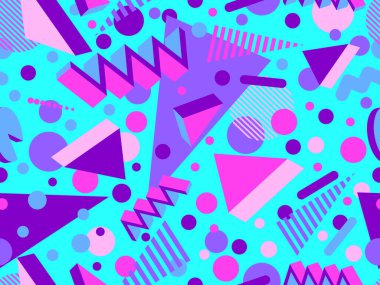 Memphis seamless pattern with 3d geometric shapes in 80s style. Colorful geometric pattern. Design of promotional products, wrapping paper and printing. Vector illustration
