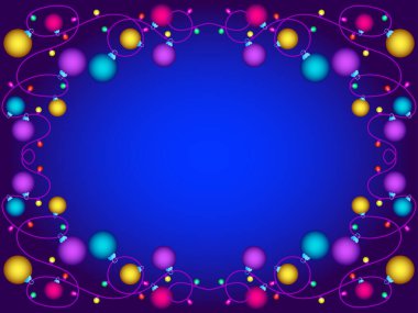 Noel ışığı çerçevesi. Noel 'in ışıldayan çelengi ve yazı için yeri olan şenlikli bir çerçeve. LED Noel ağacı ışıkları. Davetiye ve tebrik kartı için Xmas tasarımı. Vektör illüstrasyonu