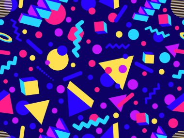 Memphis seamless pattern with 3d geometric shapes in 80s style. Colorful geometric pattern. Design of promotional products, wrapping paper and printing. Vector illustration