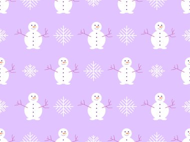 Kardan adam ve kar taneleriyle kusursuz desen. Burnu havuçlu kardan adam, elleri dallı. Ambalaj kağıtları, afişler ve promosyon ürünleri için Xmas tasarımı. Vektör illüstrasyonu