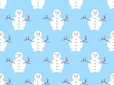 Kardan adam kusursuz desen. Kış arkaplanında havuç burunlu kardan adam ve el dallı bir adam. Ambalaj kağıtları, afişler ve promosyon ürünleri için Xmas tasarımı. Vektör illüstrasyonu