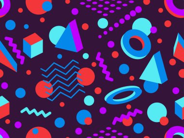 80lerin tarzında 3 boyutlu geometrik kusursuz desen. Üç boyutlu izometrik üçgenler, kareler ve daireler. Promosyon ürünleri, ambalaj kağıdı ve baskı için arka plan. Vektör illüstrasyonu