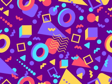 Memphis seamless pattern with 3d geometric shapes in 80s style. Colorful geometric pattern. Design of promotional products, wrapping paper and printing. Vector illustration