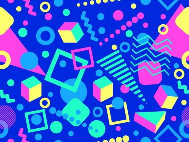 Memphis seamless pattern with 3d geometric shapes in 80s style. Colorful geometric pattern. Design of promotional products, wrapping paper and printing. Vector illustration