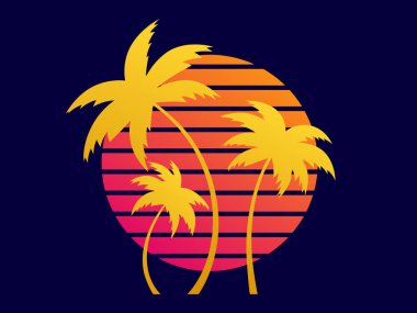 Gün batımında üç palmiye ağacı fütüristik retro tarzında. Yaz zamanı. Palmiye ağaçlarının siluetleri eğimli bir günbatımının arka planında. Pankart, poster ve baskı için tasarım. Vektör illüstrasyonu