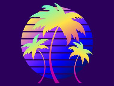 80 'lerin modası geçmiş bilim kurgu tarzında günbatımında palmiye ağaçları. Eğimli güneşin arka planına karşı eğimli palmiye ağaçları. Gelecekçi güneş retro dalgası. Broşür, afiş ve poster tasarımı. Vektör illüstrasyonu