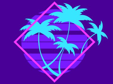 Günbatımında 80 'lerin tarzında kare şeklinde palmiye ağaçlarının siluetleri. Sentetik dalga ve Retrowave tarzında palmiye ağaçları olan geçmişe dönük fütürist güneş. Afiş ve poster tasarımı. Vektör illüstrasyonu