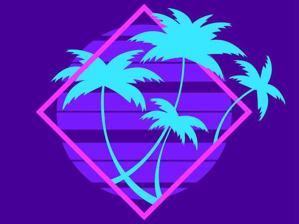 Силуэты пальм на закате в стиле 80-х в квадратной рамке. Ретро футуристическое солнце с пальмами в стиле Synthwave и Retmicrowave. Дизайн баннера и плаката. Векторная иллюстрация