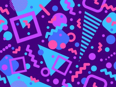 Memphis tarzında geometrik şekilli 80 'lerin kusursuz deseni. Daireler ve üçgenler. Promosyon ürünleri, afişler ve ambalaj kağıtları için renkli soyut bir arkaplan. Vektör illüstrasyonu