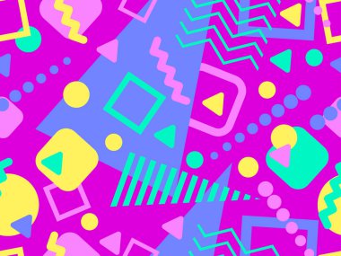 80 'lerin tarzında Memphis elementleriyle geometrik kusursuz desen. Renkli geometrik desen. Promosyon ürünleri tasarımı, ambalaj kağıdı ve baskı. Vektör illüstrasyonu