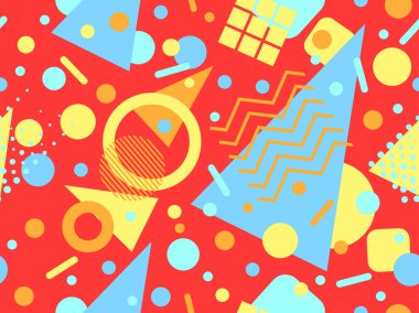 80 'lerin tarzında Memphis elementleriyle geometrik kusursuz desen. Renkli geometrik desen. Promosyon ürünleri tasarımı, ambalaj kağıdı ve baskı. Vektör illüstrasyonu