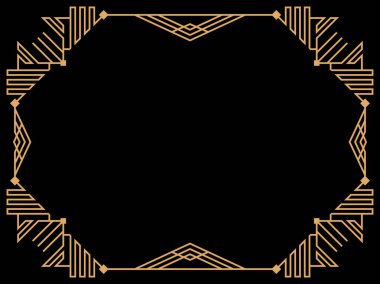 Art deco çerçeve. Klasik doğrusal sınır. Davetiyeler, broşürler ve tebrik kartları için bir şablon tasarla. Geometrik altın çerçeveli. 1920 'lerin tarzı - 1930' lar. Vektör illüstrasyonu