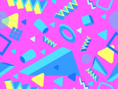 80 'lerin tarzında 3 boyutlu geometrik kusursuz desen. Üç boyutlu izometrik üçgenler, zikzaklar ve daireler. Geometrik memphis tarzı. Promosyon ürünleri, ambalaj kağıdı ve baskı için tasarım. Vektör illüstrasyonu