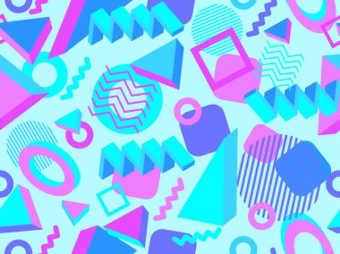 80 'lerin tarzında 3 boyutlu geometrik kusursuz desen. Üç boyutlu izometrik üçgenler, zikzaklar ve daireler. Geometrik memphis tarzı. Promosyon ürünleri, ambalaj kağıdı ve baskı için tasarım. Vektör illüstrasyonu