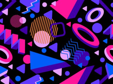 80 'lerin tarzında 3 boyutlu geometrik kusursuz desen. Üç boyutlu izometrik üçgenler, zikzaklar ve daireler. Geometrik memphis tarzı. Promosyon ürünleri, ambalaj kağıdı ve baskı için tasarım. Vektör illüstrasyonu