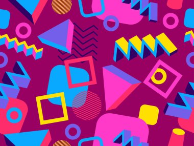 Memphis seamless pattern with 3d geometric shapes in 80s style. Colorful geometric pattern. Design of promotional products, wrapping paper and printing. Vector illustration