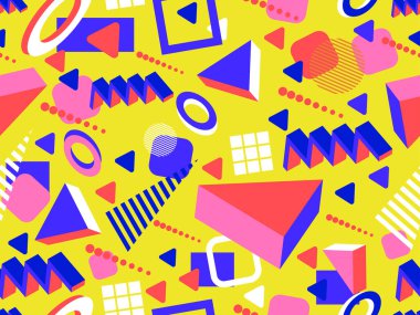 Memphis seamless pattern with 3d geometric shapes in 80s style. Colorful geometric pattern. Design of promotional products, wrapping paper and printing. Vector illustration