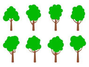Ağaç simgesi beyaz arkaplanda izole edildi. Yeşil yapraklı, düz bir ağaç koleksiyonu. Posterler, afişler ve promosyon ürünleri için ağaç tasarımı. Vektör illüstrasyonu