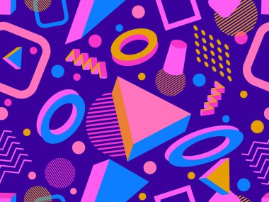 Memphis seamless pattern with 3d geometric shapes in 80s style. Colorful geometric pattern. Design of promotional products, wrapping paper and printing. Vector illustration