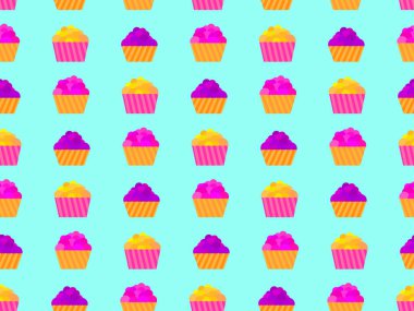 Kek pürüzsüz desen. Çok renkli kekler, tatlı pastalar. Düz tarzda şenlikli kek. Promosyon ürünleri tasarımı, ambalaj kağıdı ve baskı. Vektör illüstrasyonu