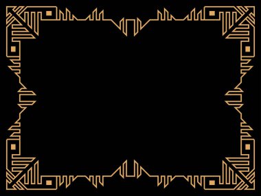 Art deco çerçeve. Klasik doğrusal sınır. Davetiyeler, broşürler ve tebrik kartları için bir şablon tasarla. Geometrik altın çerçeveli. 1920 'lerin tarzı - 1930' lar. Vektör illüstrasyonu