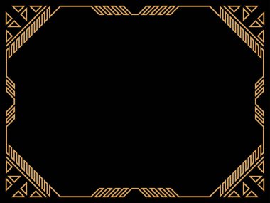 Art deco çerçeve. Klasik doğrusal sınır. Davetiyeler, broşürler ve tebrik kartları için bir şablon tasarla. Geometrik altın çerçeveli. 1920 'lerin tarzı - 1930' lar. Vektör illüstrasyonu