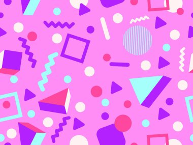 80 'lerin tarzında 3 boyutlu geometrik kusursuz desen. Üç boyutlu izometrik üçgenler, zikzaklar ve daireler. Geometrik memphis tarzı. Promosyon ürünleri, ambalaj kağıdı ve baskı için tasarım. Vektör illüstrasyonu