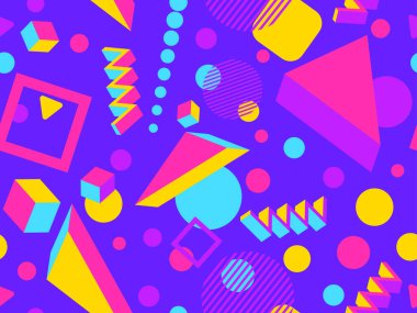 80 'lerin tarzında 3 boyutlu geometrik kusursuz desen. Üç boyutlu izometrik üçgenler, zikzaklar ve daireler. Geometrik memphis tarzı. Promosyon ürünleri, ambalaj kağıdı ve baskı için tasarım. Vektör illüstrasyonu