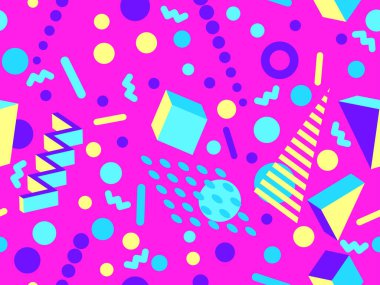 80 'lerin tarzında 3 boyutlu geometrik kusursuz desen. Üç boyutlu izometrik üçgenler, zikzaklar ve daireler. Geometrik memphis tarzı. Promosyon ürünleri, ambalaj kağıdı ve baskı için tasarım. Vektör illüstrasyonu