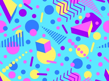 Memphis seamless pattern with 3d geometric shapes in 80s style. Colorful geometric pattern. Design of promotional products, wrapping paper and printing. Vector illustration