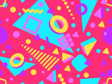 80 'lerin tarzında Memphis elementleriyle geometrik kusursuz desen. Renkli geometrik 3 boyutlu şekiller. Promosyon ürünleri tasarımı, ambalaj kağıdı ve baskı. Vektör illüstrasyonu