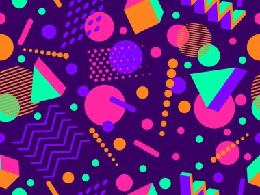 80 'lerin tarzında Memphis elementleriyle geometrik kusursuz desen. Renkli geometrik 3 boyutlu şekiller. Promosyon ürünleri tasarımı, ambalaj kağıdı ve baskı. Vektör illüstrasyonu