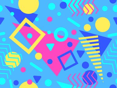 Memphis tarzında geometrik şekilli 80 'lerin kusursuz deseni. Daireler ve üçgenler. Promosyon ürünleri, afişler ve ambalaj kağıtları için renkli soyut bir arkaplan. Vektör illüstrasyonu