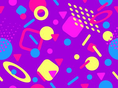 Memphis tarzında geometrik şekilli 80 'lerin kusursuz deseni. Daireler ve üçgenler. Promosyon ürünleri, afişler ve ambalaj kağıtları için renkli soyut bir arkaplan. Vektör illüstrasyonu