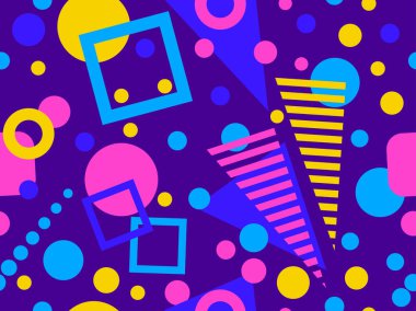 80 'ler ve 90' lar tarzında geometrik şekilli kusursuz Memphis deseni. Farklı şekil ve renklerin geometrik şekilleri. Promosyon ürünleri tasarımı, ambalaj kağıdı ve baskı. Vektör illüstrasyonu