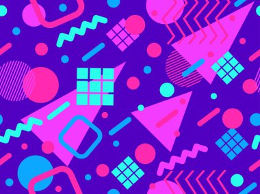 80 'ler ve 90' lar tarzında geometrik şekilli kusursuz Memphis deseni. Farklı şekil ve renklerin geometrik şekilleri. Promosyon ürünleri tasarımı, ambalaj kağıdı ve baskı. Vektör illüstrasyonu