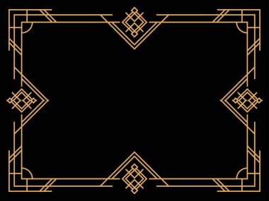 Art deco çerçeve. Klasik doğrusal sınır. Davetiyeler, broşürler ve tebrik kartları için bir şablon tasarla. Geometrik altın çerçeveli. 1920 'lerin tarzı - 1930' lar. Vektör illüstrasyonu
