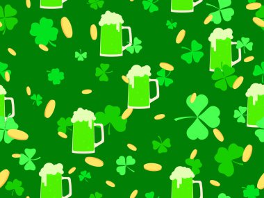 Yeşil bira bardakları, yonca yaprakları ve Aziz Patrick Günü için altın paralarla kusursuz desen. Köpüklü bira bardakları. Duvar kağıdı, afiş ve kapak için şenlik tasarımı. Vektör illüstrasyonu