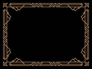Art deco çerçeve. Klasik doğrusal sınır. Davetiyeler, broşürler ve tebrik kartları için bir şablon tasarla. Geometrik altın çerçeveli. 1920 'lerin tarzı - 1930' lar. Vektör illüstrasyonu